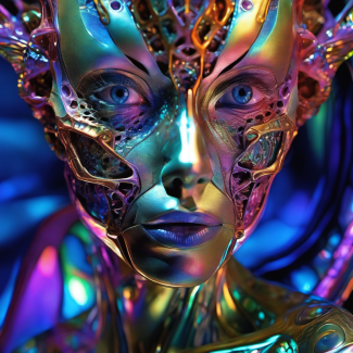 A surrealist composition of an entity with an expression that seems to observe the observer, wrapped in mechanical and organic details.